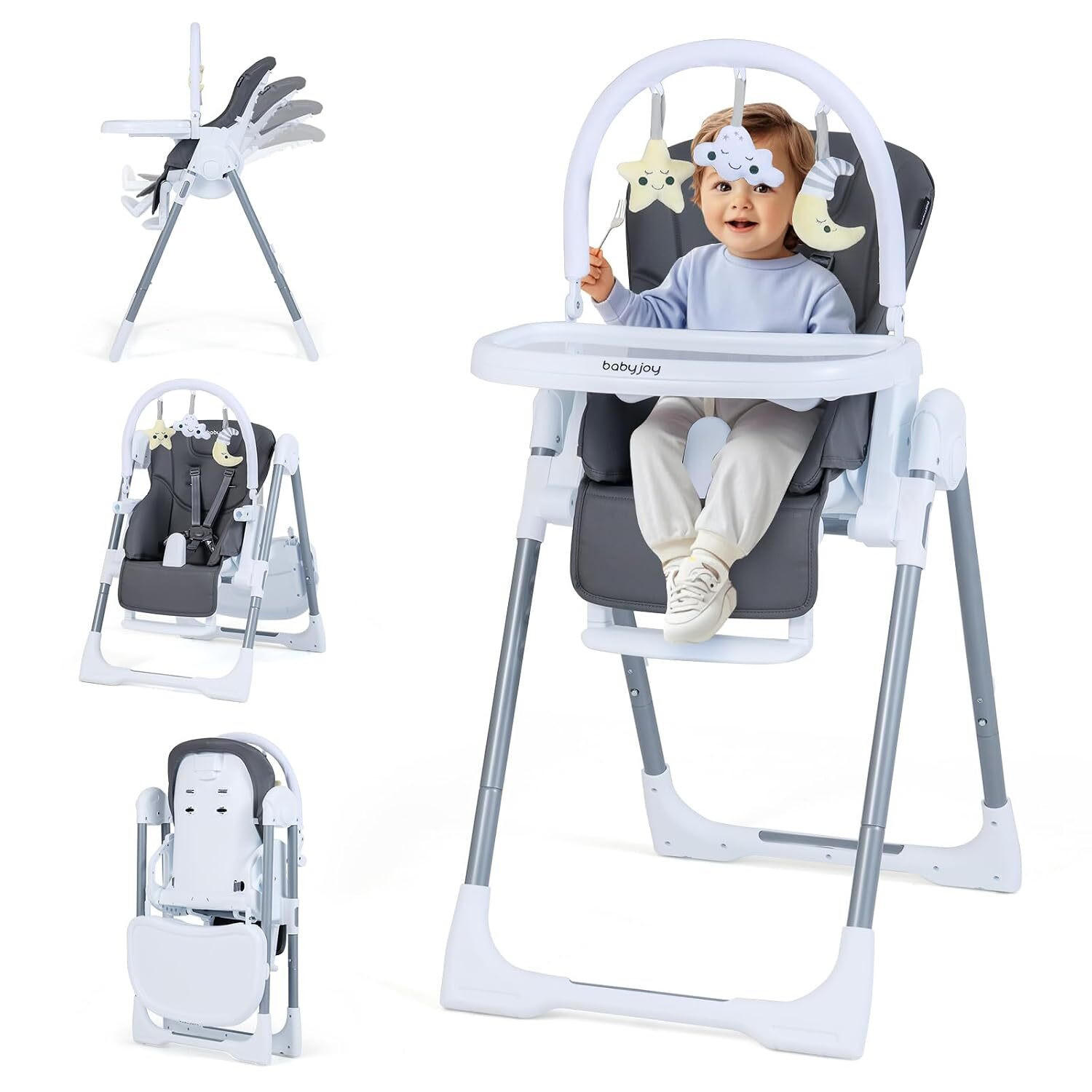 BABYSTUHL mit Spielbügel & Rollen dunkelgrau - Dunkelgrau, Metall (72/90.5/54cm) - COSTWAY