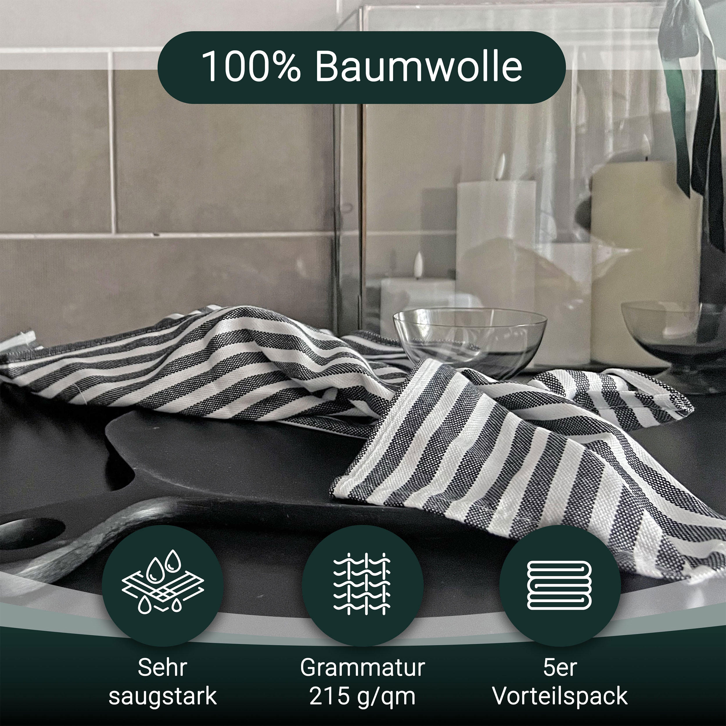 GESCHIRRTÜCHER, 5er-Set, 50x70 cm, 100% Baumwolle, Schwarz - Multicolor, Textil (50/70cm) - Zollner