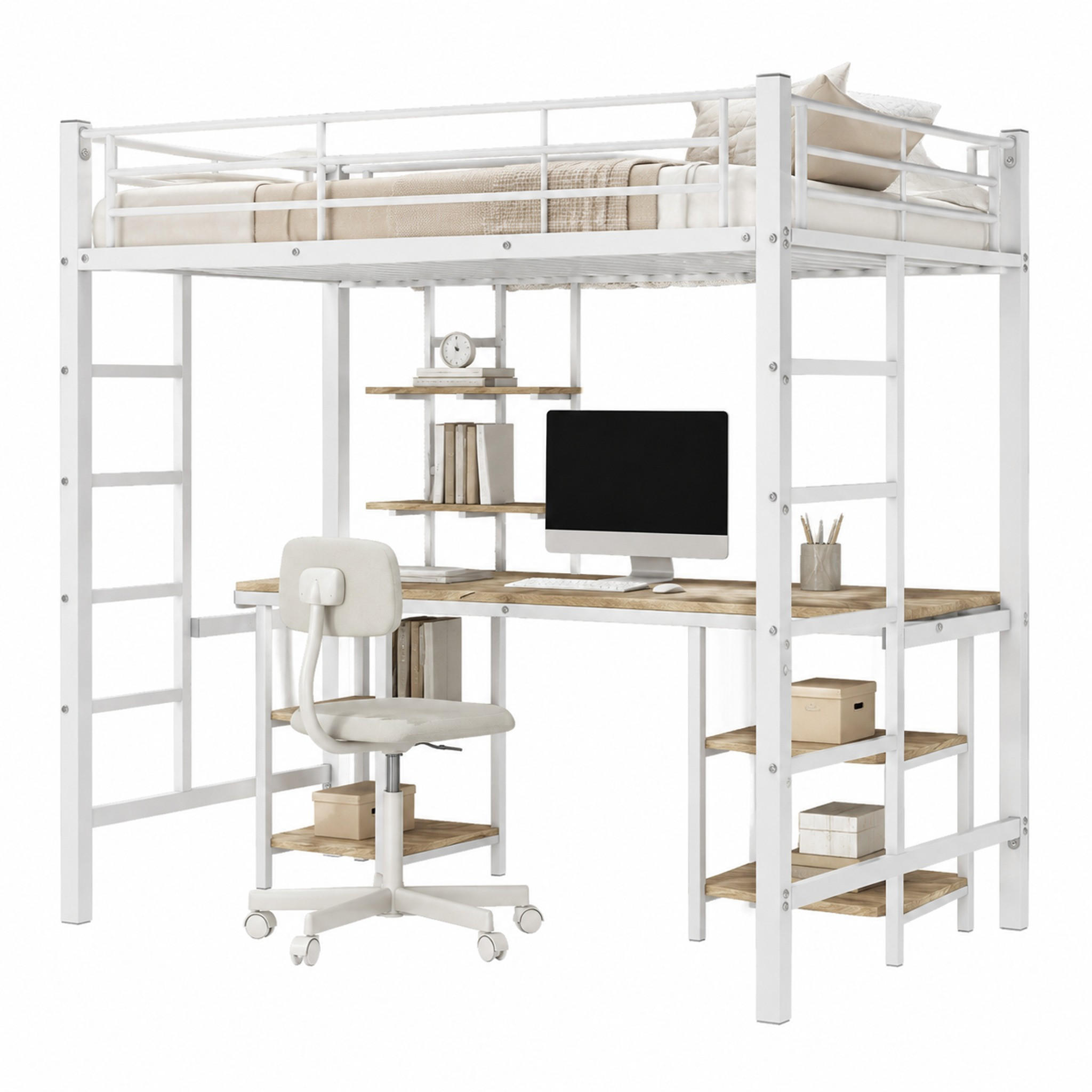 HOCHBETT mit Schreibtisch und Regalen 90x200 cm Metall/MDF Weiß - Weiß, Metall (90/200cm) - Meubliv