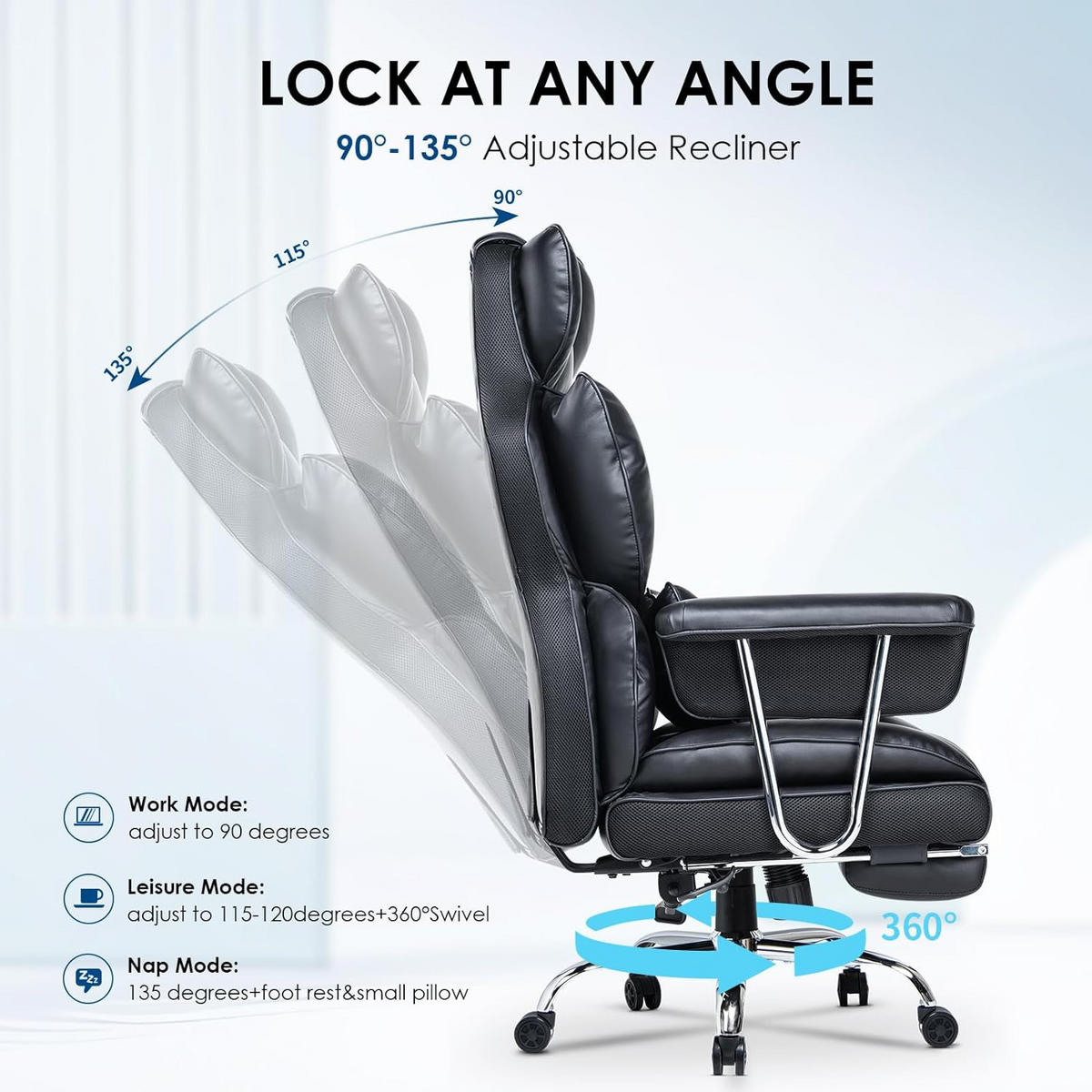 CHEFSESSEL ergonomisch, Leder, Fußstütze – Schwarz - Schwarz, Metall (58/128/50cm) - Rattantree