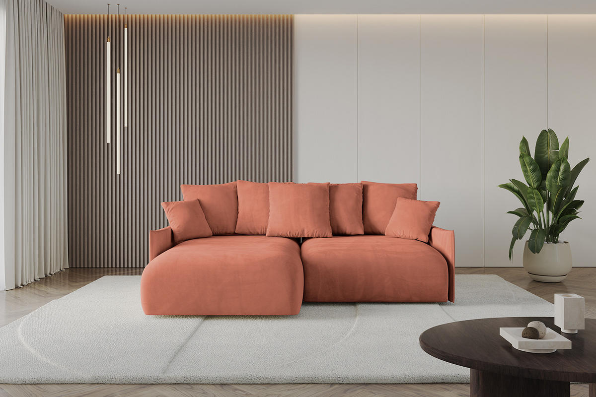 ECKSOFA mit Schlaffunktion und Bettkasten ONESK-L -v1 208x165x40 Apricot Velours - Koralle, Holzwerkstoff/Kunststoff (208/165cm) - ALTDECOR