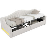 POLSTERBETT aus MDF und Sperrholz 90x200 cm Beige mit LED-Beleuchtung, Stauraum und Leinenpolsterung - Beige, Holzwerkstoff (90/200cm) - Modfu
