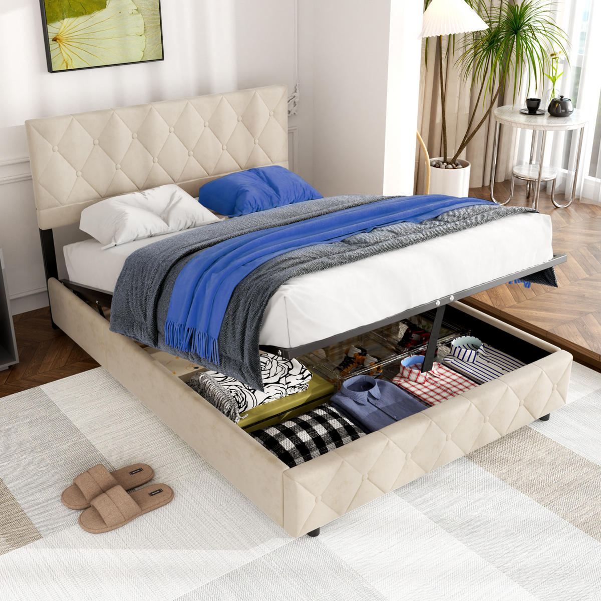 POLSTERBETT 140x200cm Beige mit Knopfnahtverzierung-Kopfteil, mit Bettkasten und Lattenrost - Beige, Holzwerkstoff/Textil (140/200cm) - EVRYAE