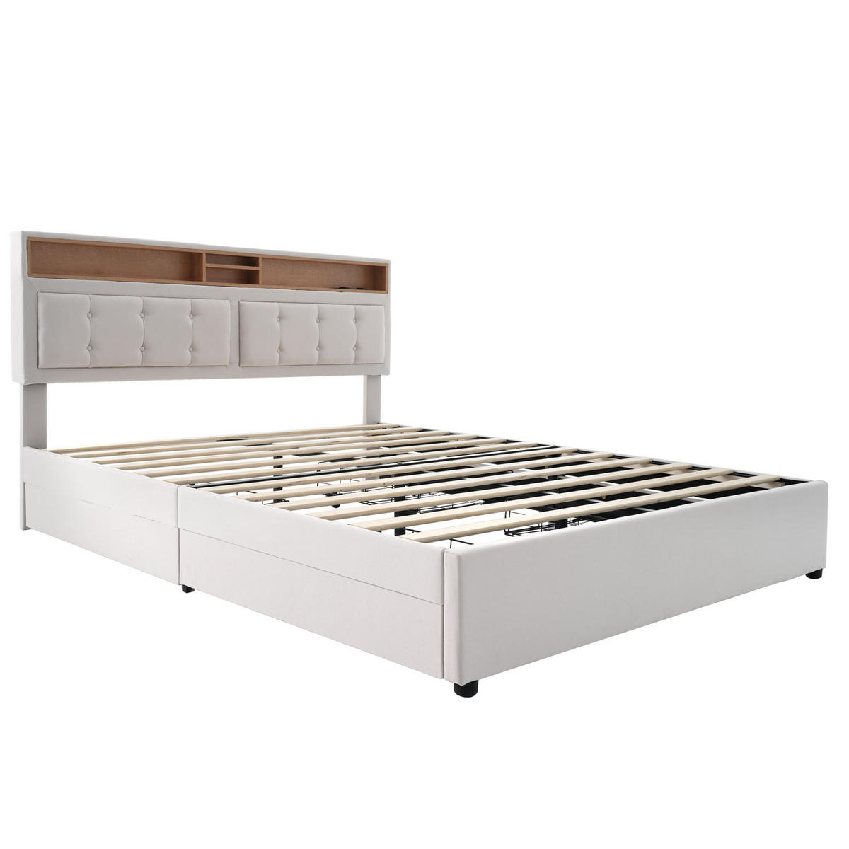 POLSTERBETT 160/200 cm beige mit verstellbarem Kopfteil und 4 Schubladen - Beige, Textil (160/200cm) - OKWISH