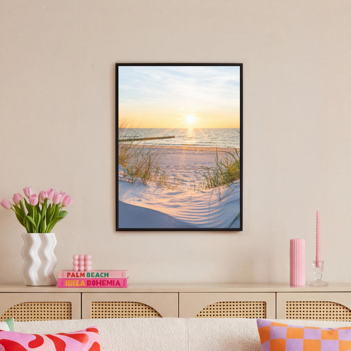 LEINWAND Bilder mit Rahmen - Strand - Sonne - Düne - Gras - Sand - Horizont - 50x70 - Hellblau, Textil (50/70cm) - MuchoWow