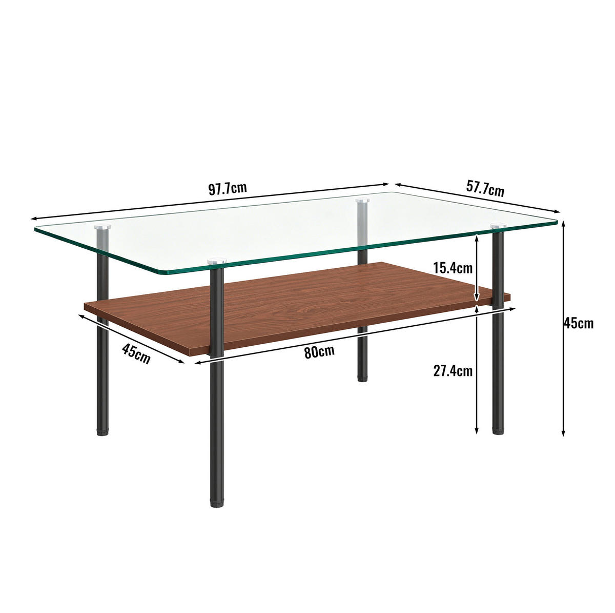 COUCHTISCH aus Glas 97x57x45 cm MDF und Metall Schwarz/Braun mit Ablagefläche - Schwarz, Holzwerkstoff (97.7/57.7/45cm) - IVMEU