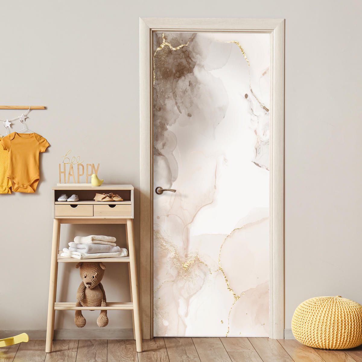 TÜRAUFKLEBER Selbstklebend - Marmor - Braun - Linie 95x235 cm - Türtapete - Champagner, Kunststoff (95/0.1cm) - MuchoWow