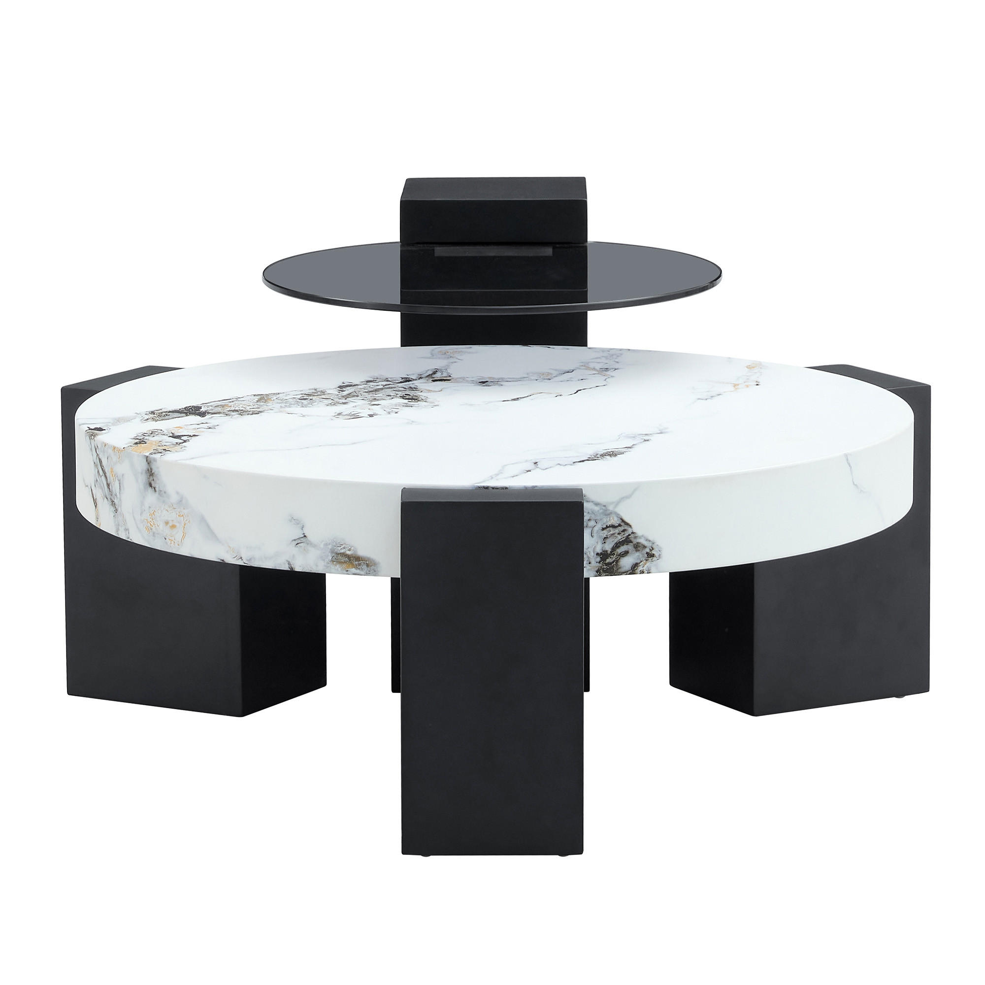 COUCHTISCH zweiteilig Marmoroptik MDF Tischplatte L-förmige Beine Schwarz-Weiß flexibel kombinierbar - Schwarz/Weiß, Glas/Holzwerkstoff (61/61/30cm) - EVRYAE