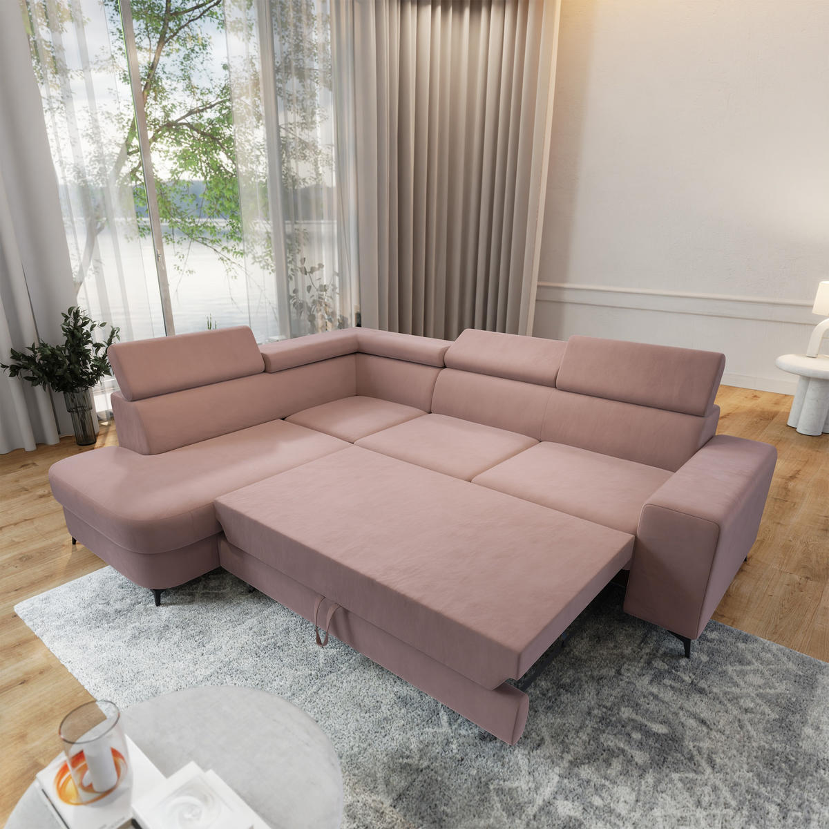 ECKSOFA ALVORO L-S Rosa Velours-Stoff mit Schlaffunktion - Rosa, Holz (253/190cm) - MASSENO