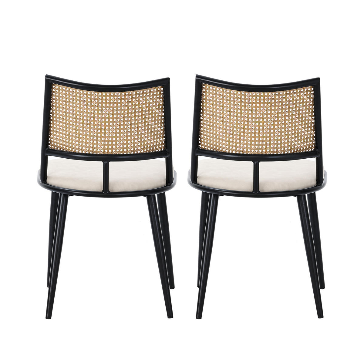 VIERFUSSSTUHL 2er-Set Esszimmerstühle, RATTAN RÜCKENLEHNE, PU-Sitz, Metallgestell, Schwarz, für Esszimmer und Wohnzimmer - Schwarz, Textil (48/47/80cm) - Rolipo