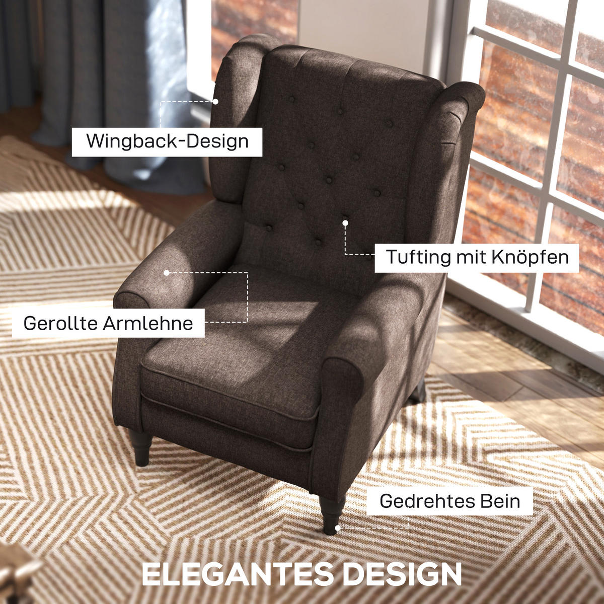 EINZELSESSEL mit Tufting Relaxsessel Einzelstuhl Holzfüße Polyester 2 Farben - Schwarz/Braun, Holz/Textil (86/102/74cm) - HOMCOM