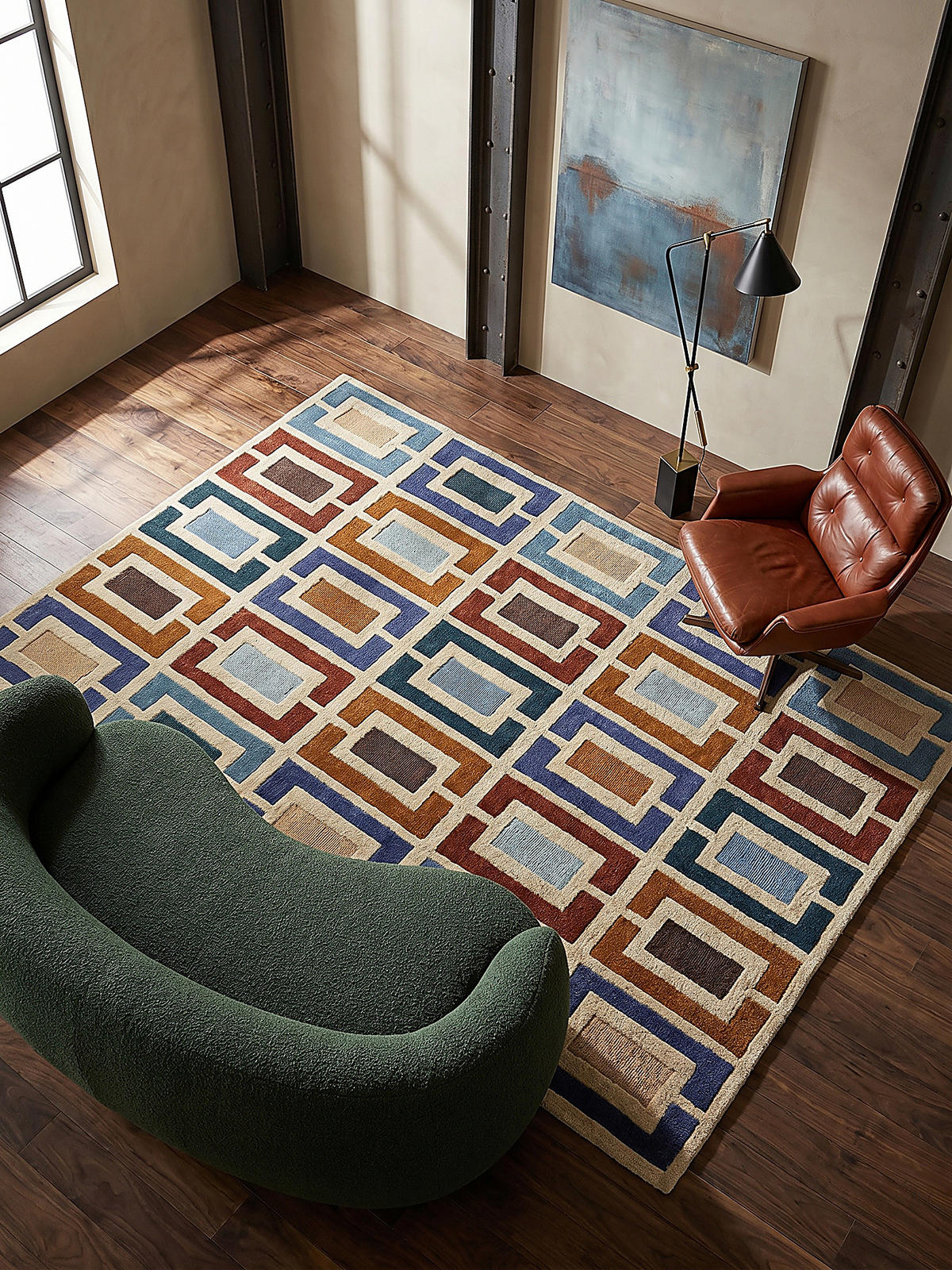 WOLLTEPPICH Geometrisch, Retro-Stil, Wohnzimmer Multicolor-Blau Rechteckig 80x150 - Multicolor, Textil (150/80cm) - KADIMA DESIGN