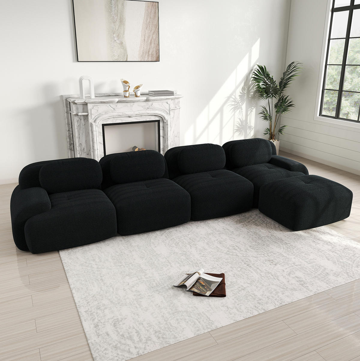 ECKSOFA 388/178/70 cm in Schwarz aus Cord, modular und montagefrei - Schwarz, Textil (178/388cm) - Flora Grace