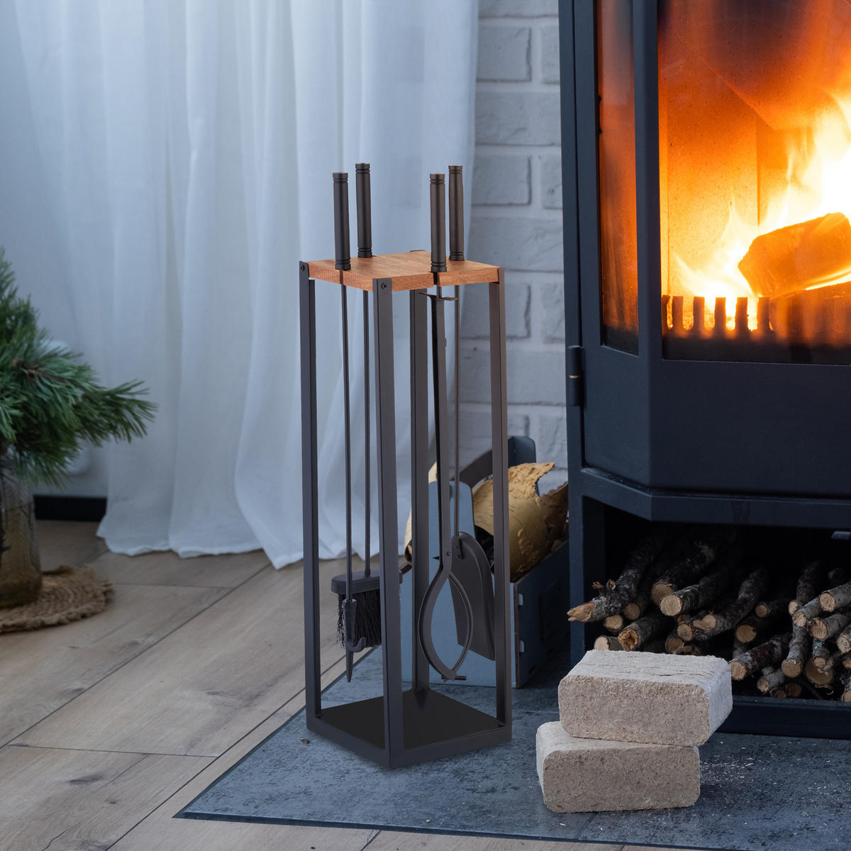 5-TLG.KAMINBESTECK-SET - Schwarz, Holz/Metall (20/78/20cm) - Relaxdays