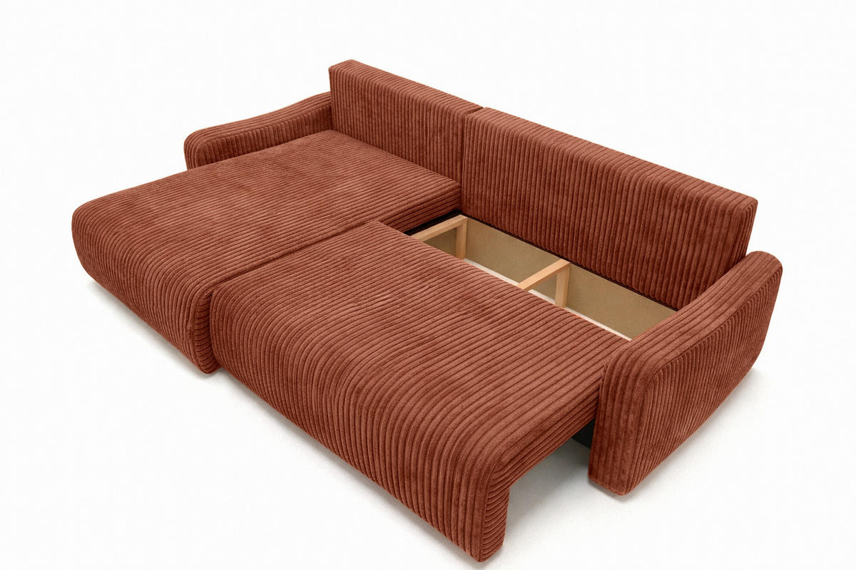 ECKSOFA Mit Schlaffunktion, Cordstoff Tilia, Kupfer, Links, JAPANDI - Orange, Holz (262/145cm) - Kaiser Möbel