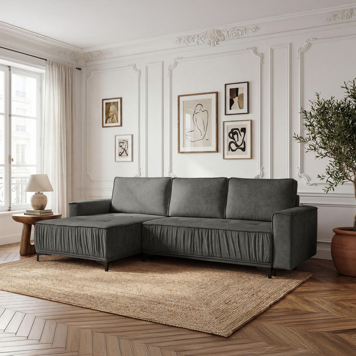 ECKSOFA Velora mit Schlaffunktion & Stauraum, Universell Rechts/Links, Grau Samt 270/92/150 cm - Schwarz/Grau, Textil/Metall (270/150cm) - WFL GROUP