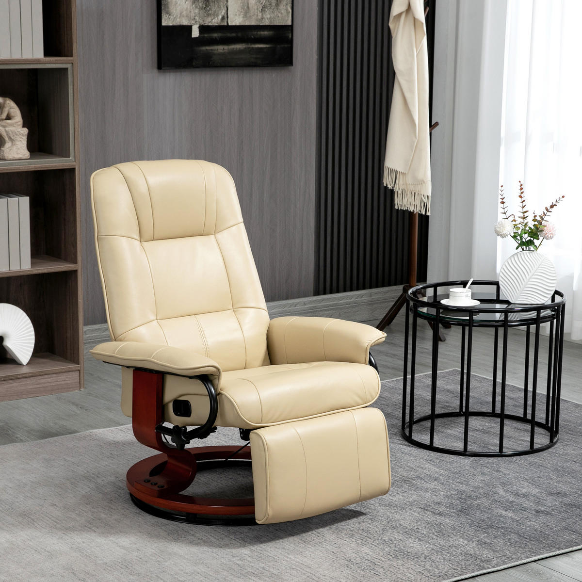 RELAXSESSEL Fernsehsessel mit Liegefunktion, Fußstütze für Wohnzimmer Creme - Creme/Braun, Leder/Holz (87/100/78cm) - HOMCOM