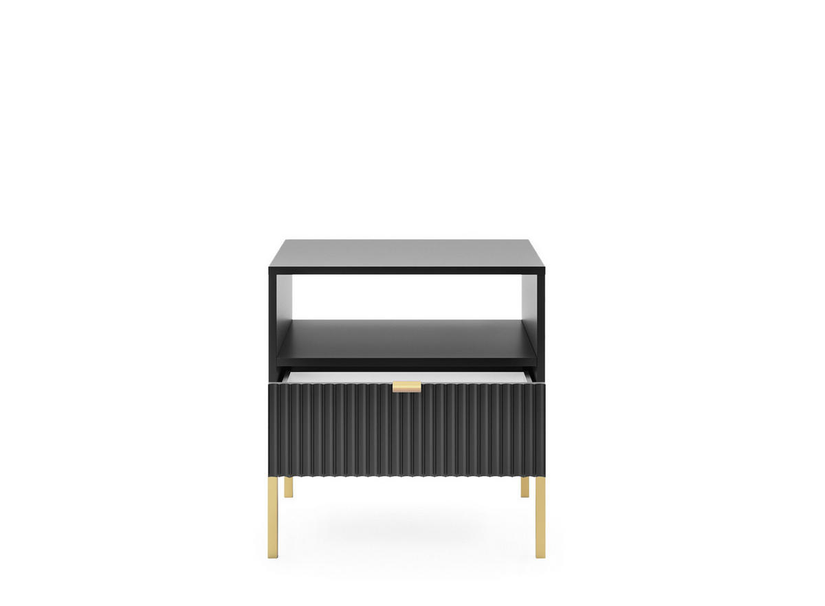 NACHTTISCH Nova - NOC, Geriffelte Front mit Goldenes Griffdesign 54x39x56 cm Schwarz - Goldfarben/Schwarz, Holzwerkstoff/Kunststoff (54/56/39cm) - DomoHome