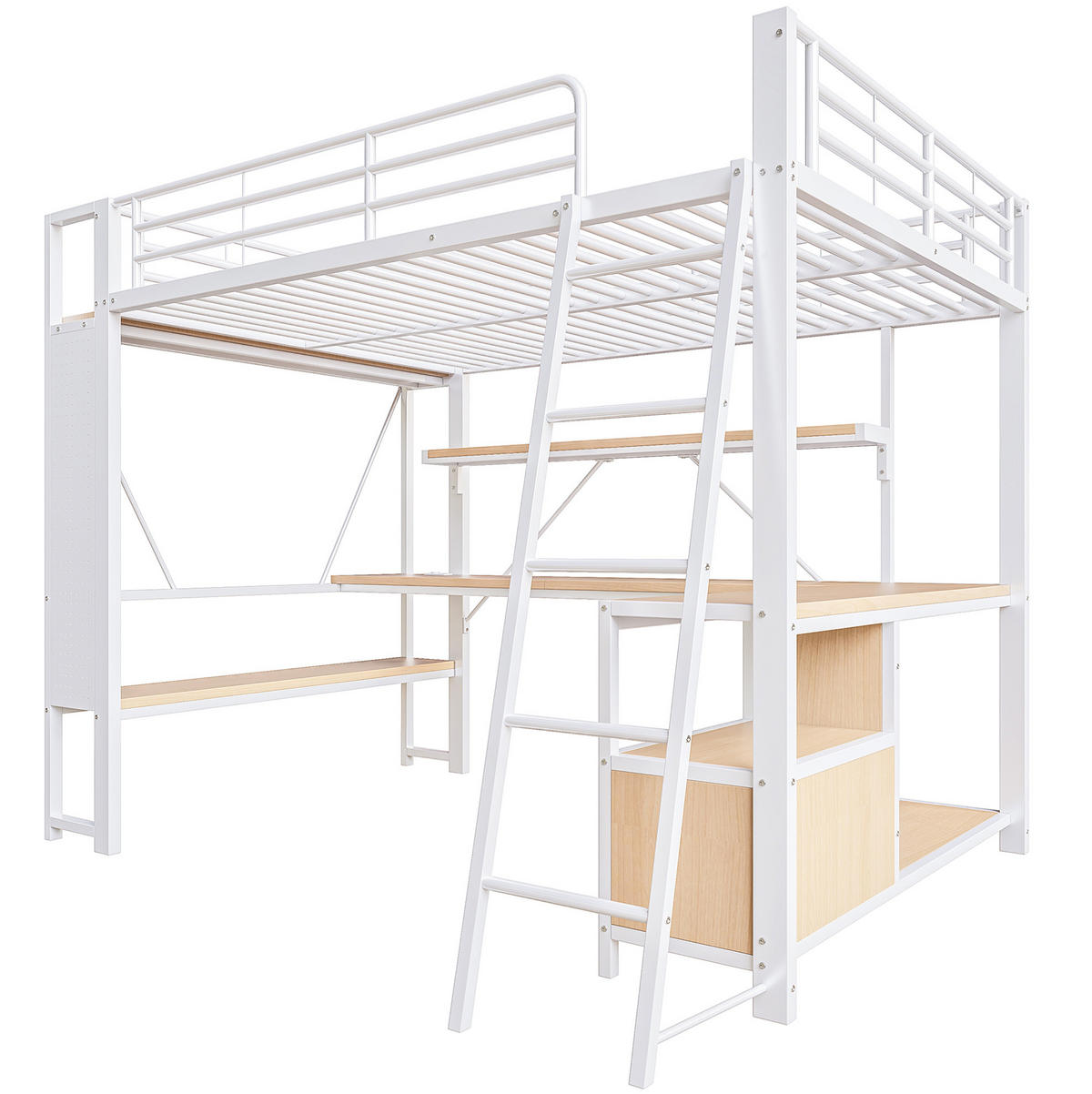 HOCHBETT 140/200 cm in Weiß mit Schreibtisch, Stauraum und LED-Beleuchtung - Weiß, Metall (140/200cm) - Flora Grace
