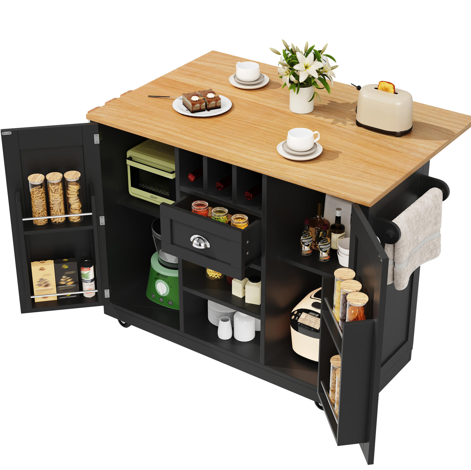 KÜCHENINSEL 140/93,5/40 cm Schwarz aus MDF und Metall mit klappbaren Seitenwänden - Schwarz, Holzwerkstoff (40/93.5/140cm) - OKMYHOME