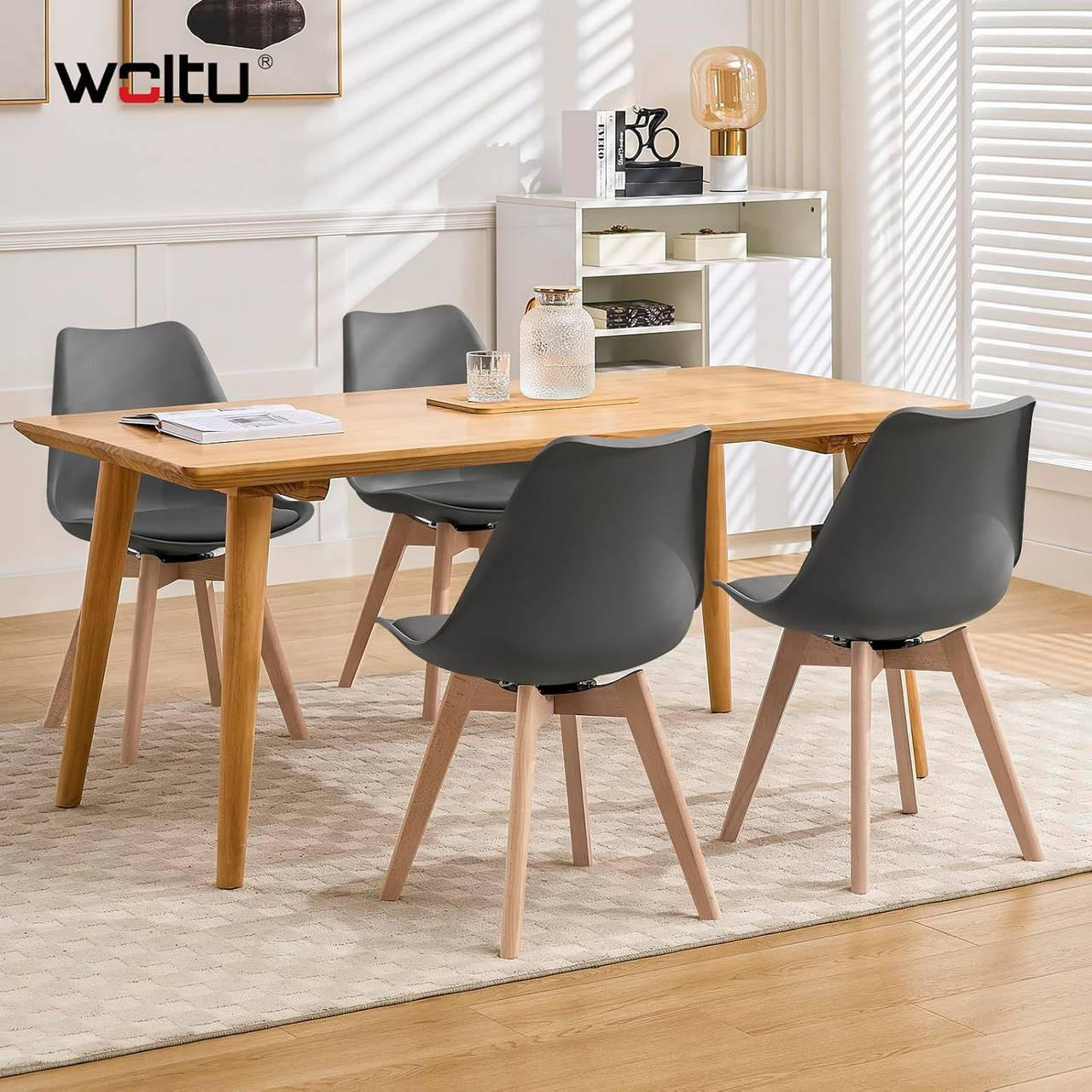 STUHL 4er Set, drehbar, Kunstleder, Massivholz, Grau - Buchefarben/Grau, Holz/Kunststoff (48/83/58.5cm) - Woltu