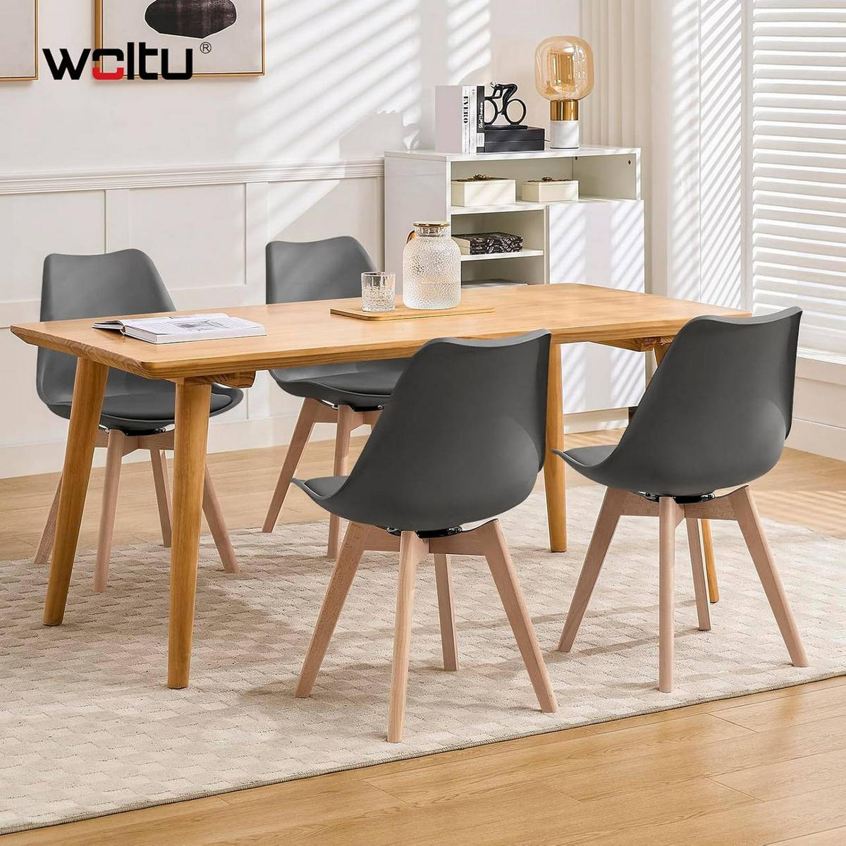 STUHL 4er Set, drehbar, Kunstleder, Massivholz, Grau - Buchefarben/Grau, Holz/Kunststoff (48/83/58.5cm) - Woltu