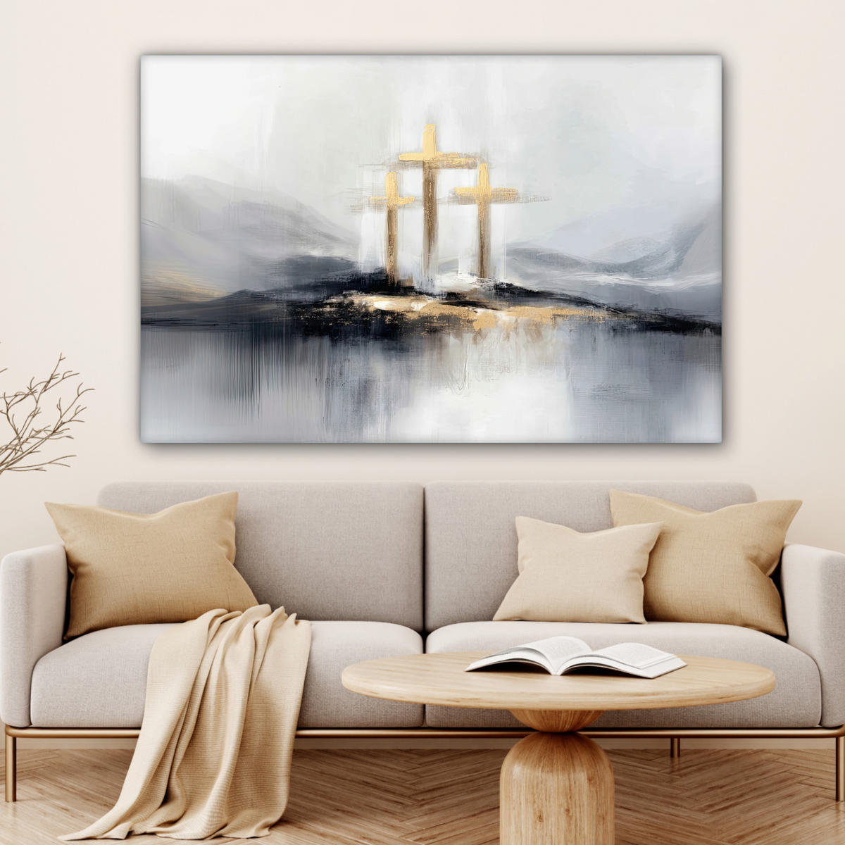 LEINWANDBILD Abstrakt - Malerei - Christentum - Kreuz Groß 140x90 cm - Weiß, Textil (140/90cm) - MuchoWow