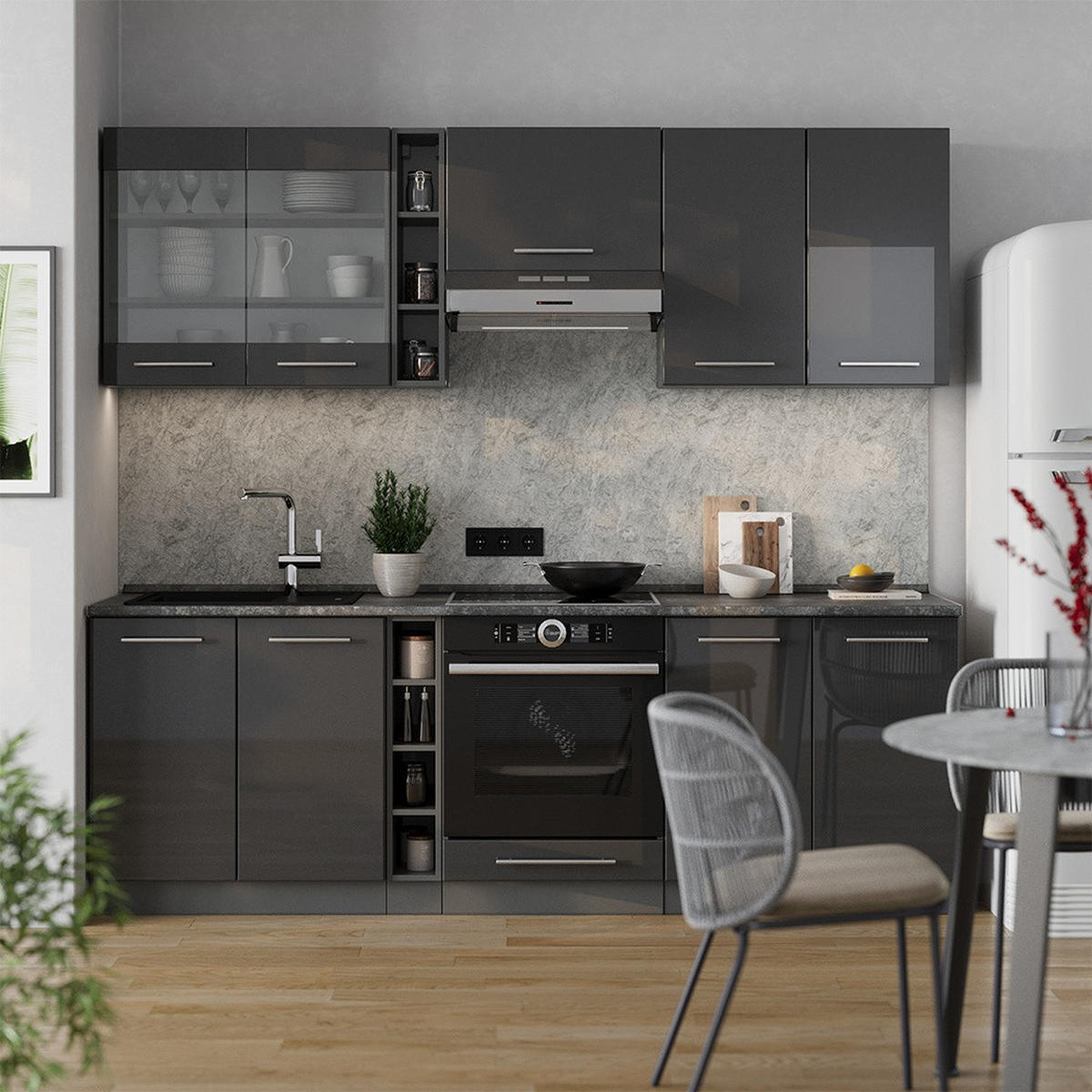 KUCHYNKA Fame-Line Antracit vysoký lesk 235 cm , AP Antracit - antracitová/čierna s vysokým leskom, kompozitné drevo (235/206.8/60cm) - Vicco