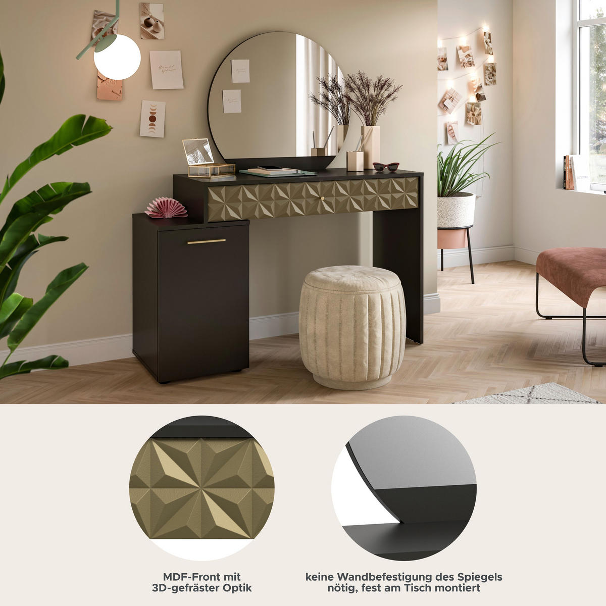 SCHMINKTISCH Prisma Schminktisch in schwarz Melamin und gold hochglanz B/H/T: 117x137x42 cm - Schwarz, Holzwerkstoff (117/138/42cm)