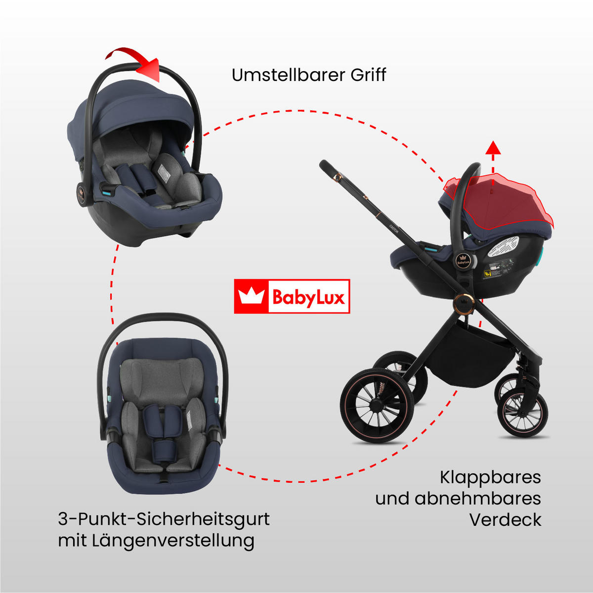 KINDERWAGEN Castor 4in1 Grau Babywanne, Reisebuggy, Autositz, Isofix Basis - Schwarz/Grau, Textil/Metall (58/98cm) - BabyLux