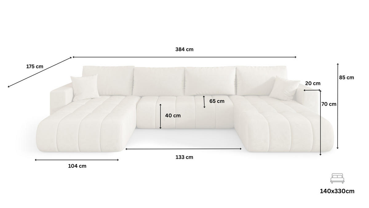 WOHNLANDSCHAFT ARDEN-U Samt mit Schlaffunktion und Bettkasten ECRU - Ecru, Textil (384/85/175cm) - Luxkor24