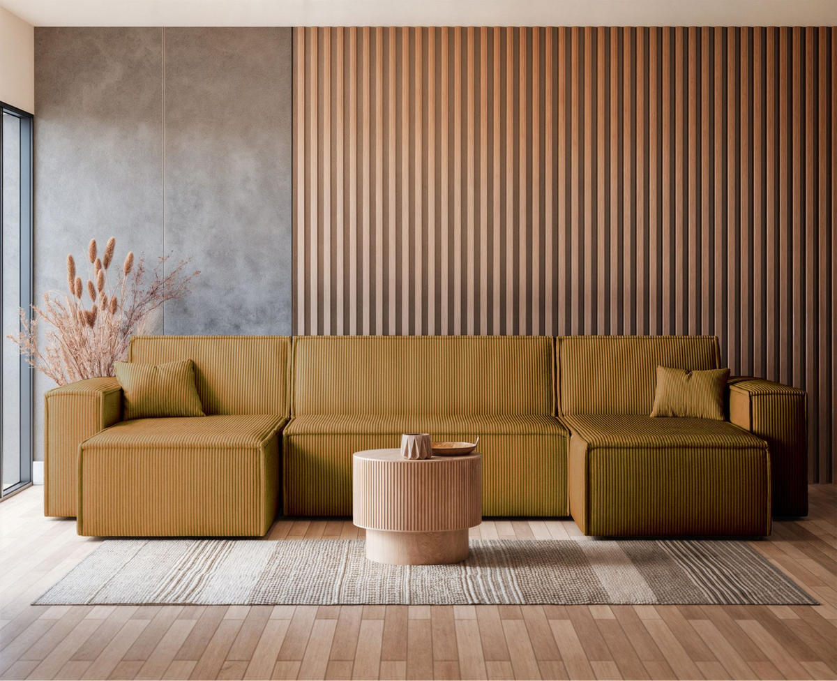 WOHNLANDSCHAFT Scarlo Senfgelb Cordbezug - Gelb/Schwarz, Kunststoff/Textil (312/83/145cm) - Selsey