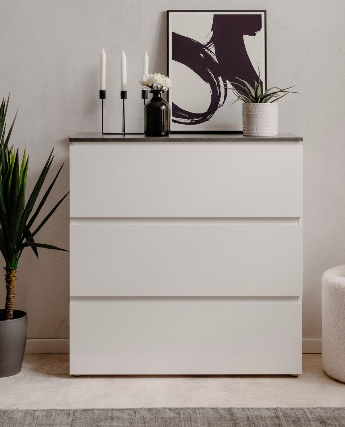 SCHUBLADENKOMMODE weiß Glanz, grau 89 cm, Kommode mit 3 Schubkästen - Schwarz/Weiß, Holzwerkstoff/Kunststoff (88.5/92/40cm) - Furn.Design