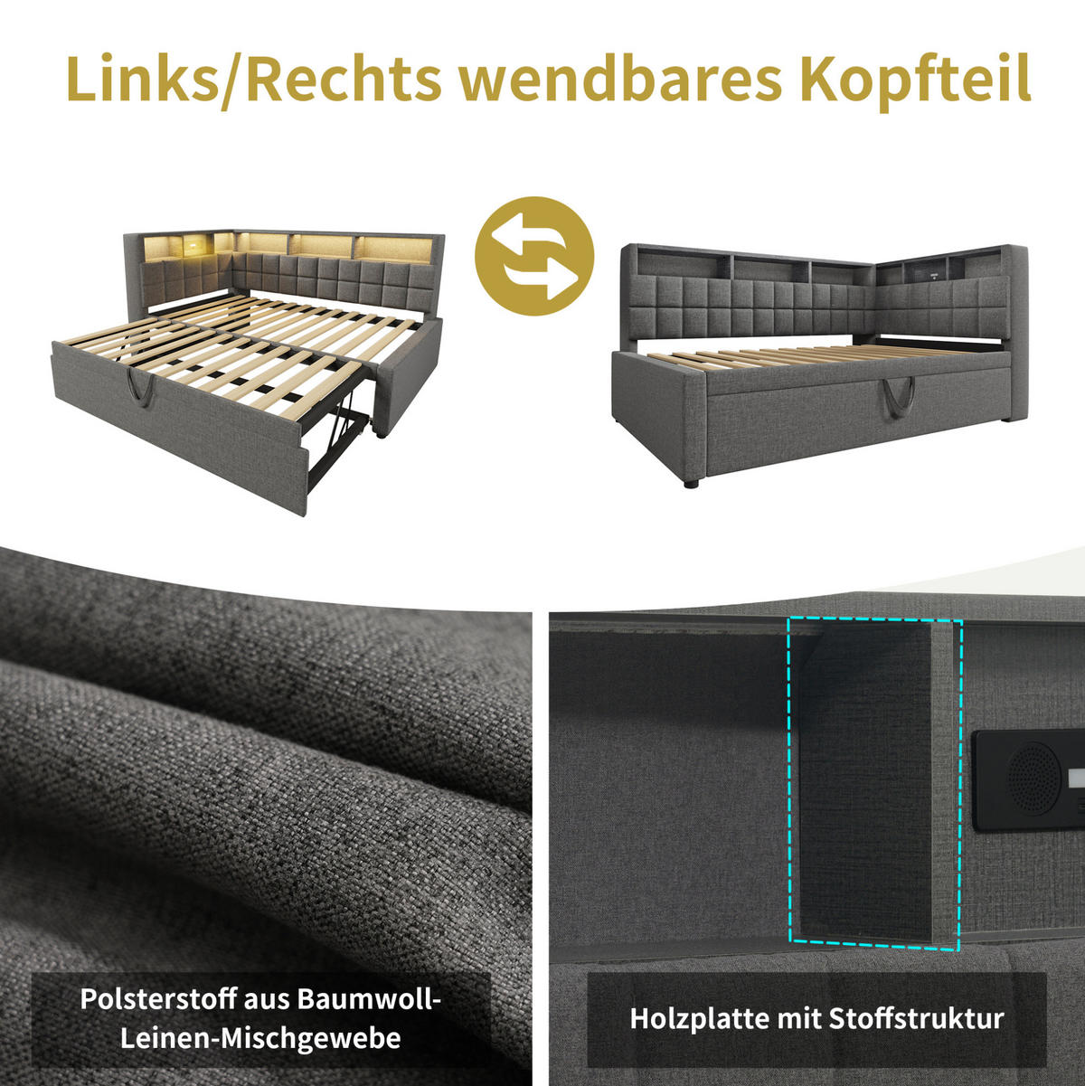 POLSTERBETT 90/200 cm mit Ausziehbett, LED, Bluetooth-Lautsprecher und USB-C - Grau, Textil (90/200cm) - BEAOK