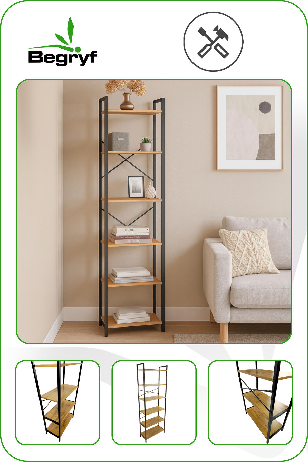 STANDREGAL Holzoptik Metall Eichefarben Schwarz 6 Böden 66x30x186 cm - Eichefarben/Schwarz, Holzwerkstoff/Metall (66/186/30cm) - Begryf