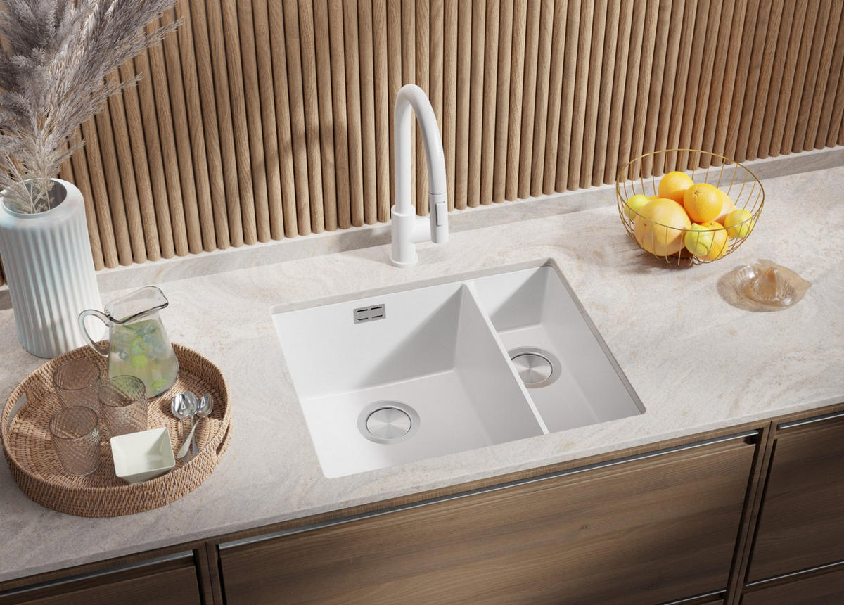 UNTERBAUSPÜLE GRANIT London Duo, 2-er set Weiß 56/47 cm 1,5 Becken + Küchenarmatur 32/20 cm + Ablauf-Set ab 60er Unterschrank - Chromfarben/Weiß, Kunststoff (56/20/47cm) - Primagran