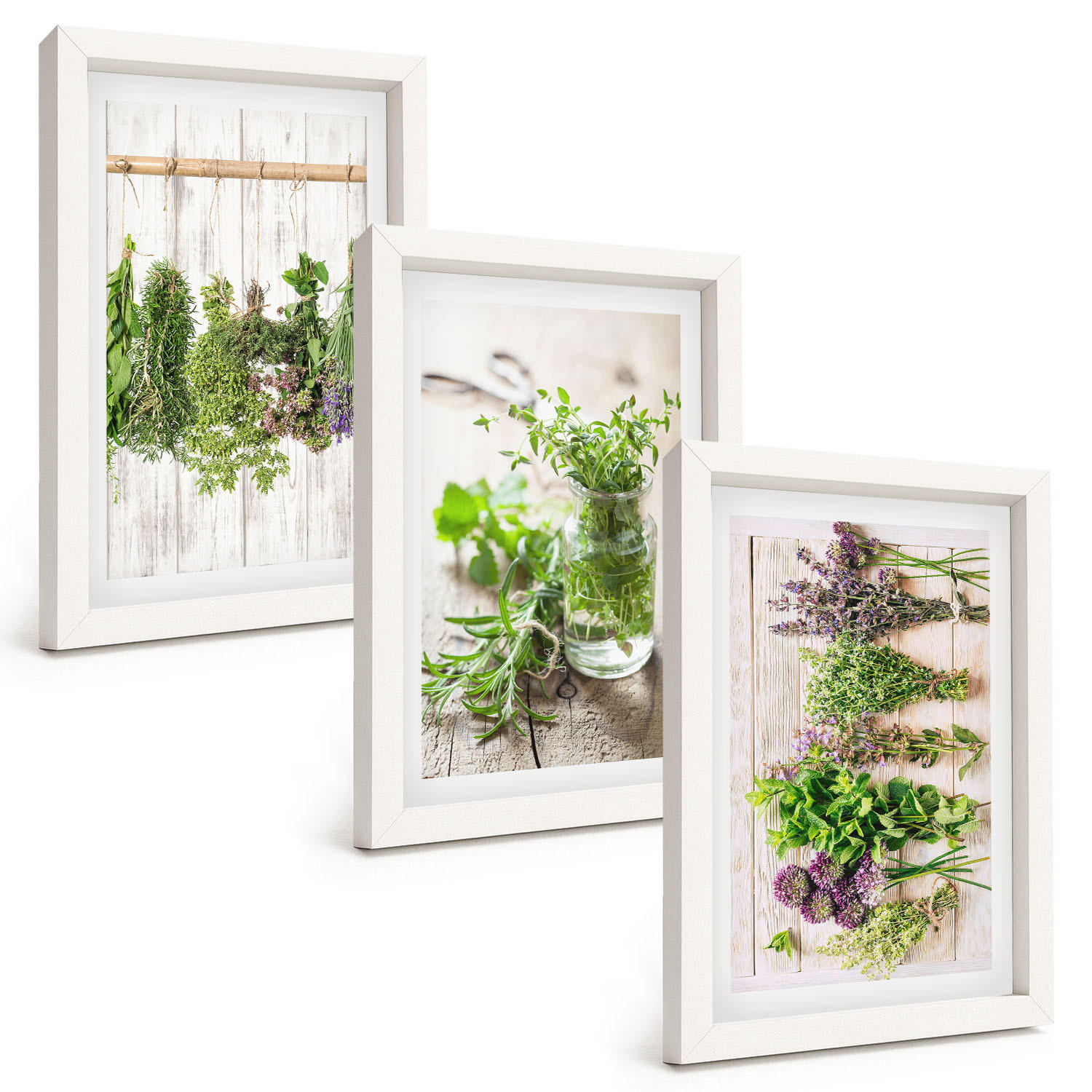 BILDER SET 3er Set - 20x30 cm Weißer Rahmen - Kräuterpflanzen für die Küche - Weiß, Kunststoff (20/30cm) - TULUP