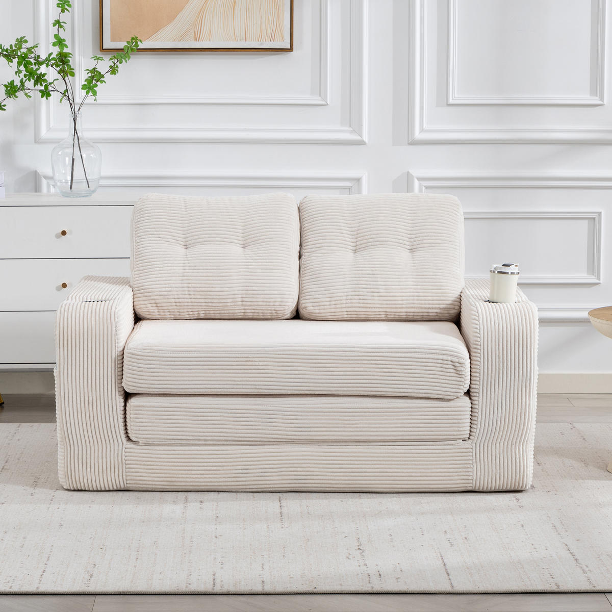 2-SITZER SOFA Cord Beige mit Getränkehaltern und Seitentaschen - Beige, Textil (136/82.5/80cm) - WISHDOR