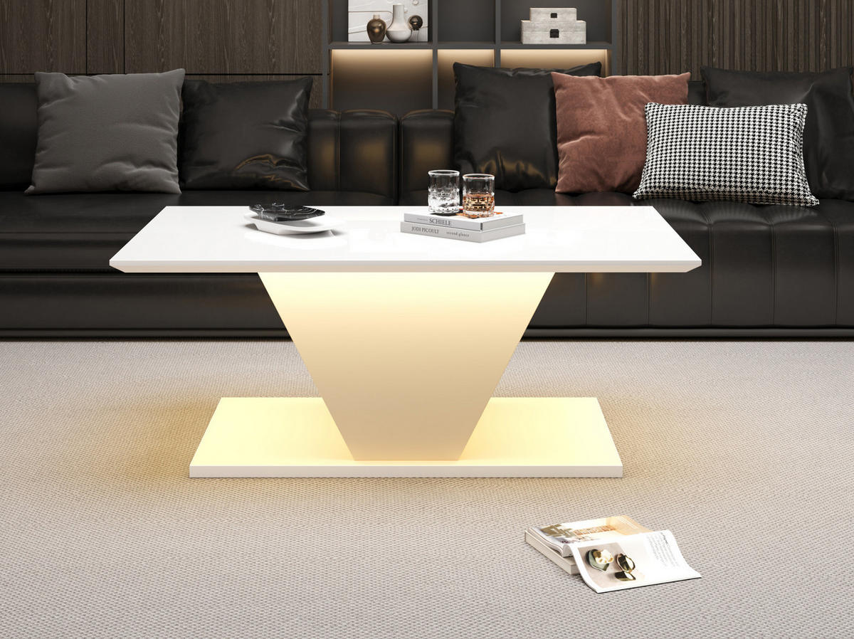 COUCHTISCH, V‑Form, weiß mit Hochglanz-Tischplatte und steuerbarer LED-Beleuchtung, 100/50/46 cm,weiß - Weiß, Holzwerkstoff (100/50/46cm) - Redom