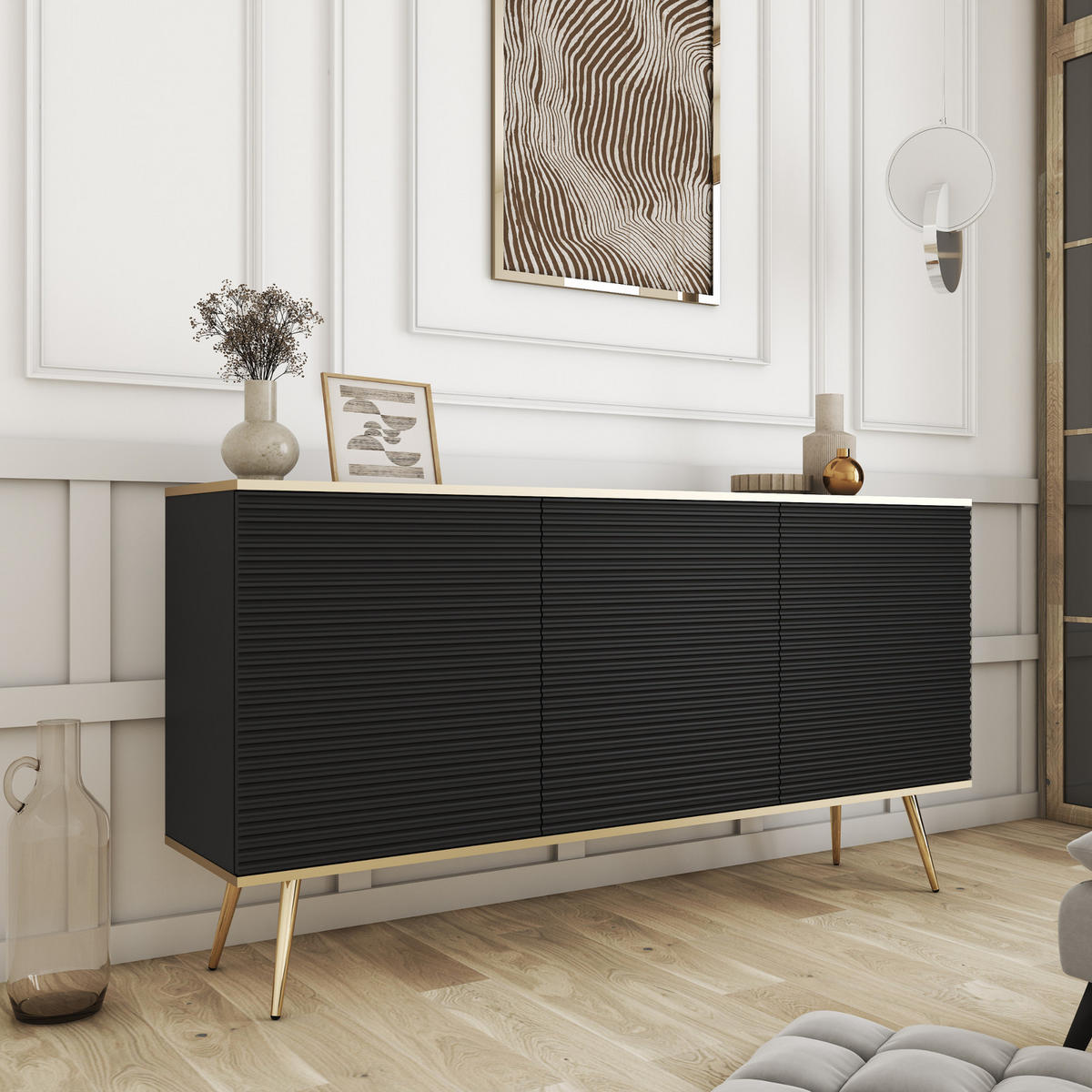 KOMMODE FORNO (Schwarz, Rillenfront, Goldene Details, 3 Türen, goldene Metallfüße, 160 cm) - Gelb/Goldfarben, Holz/Holzwerkstoff (160/85/39cm) - Ravio