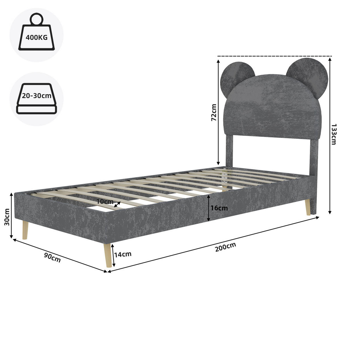 POLSTERBETT 90/200 cm grau aus Stoff und Metall mit Stauraum - Grau, Textil (90/200cm) - OKWISH