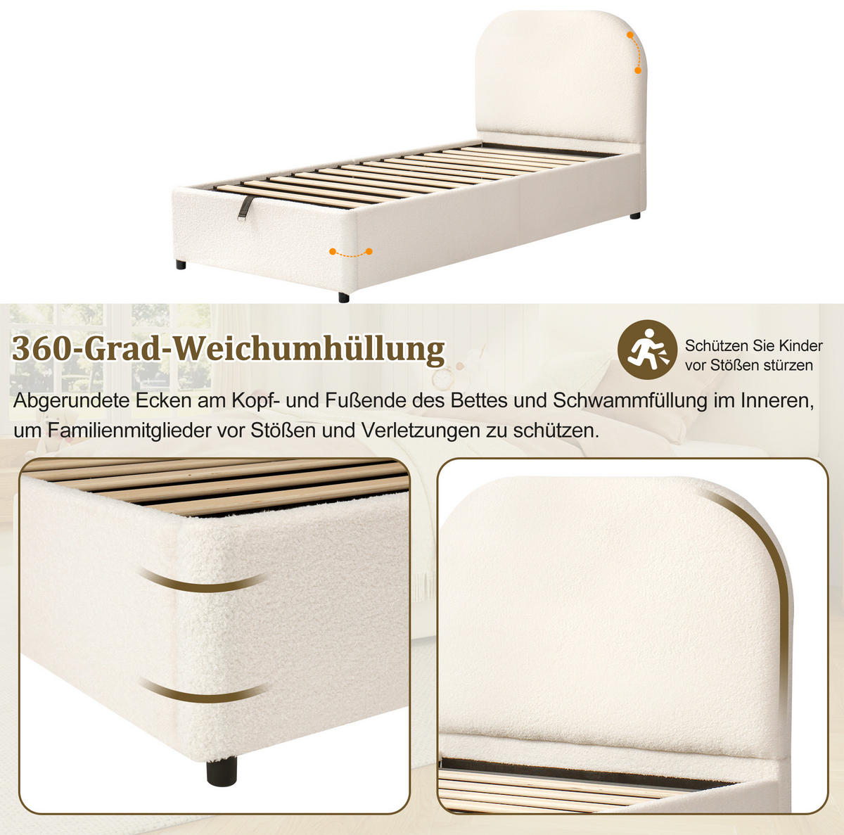 KINDERBETT 90/200 cm mit hydraulischem Stauraum, Lattenrost und gepolstertem Bouclé-Kopfteil, Beige - Beige, Holzwerkstoff (90/200cm) - Redom