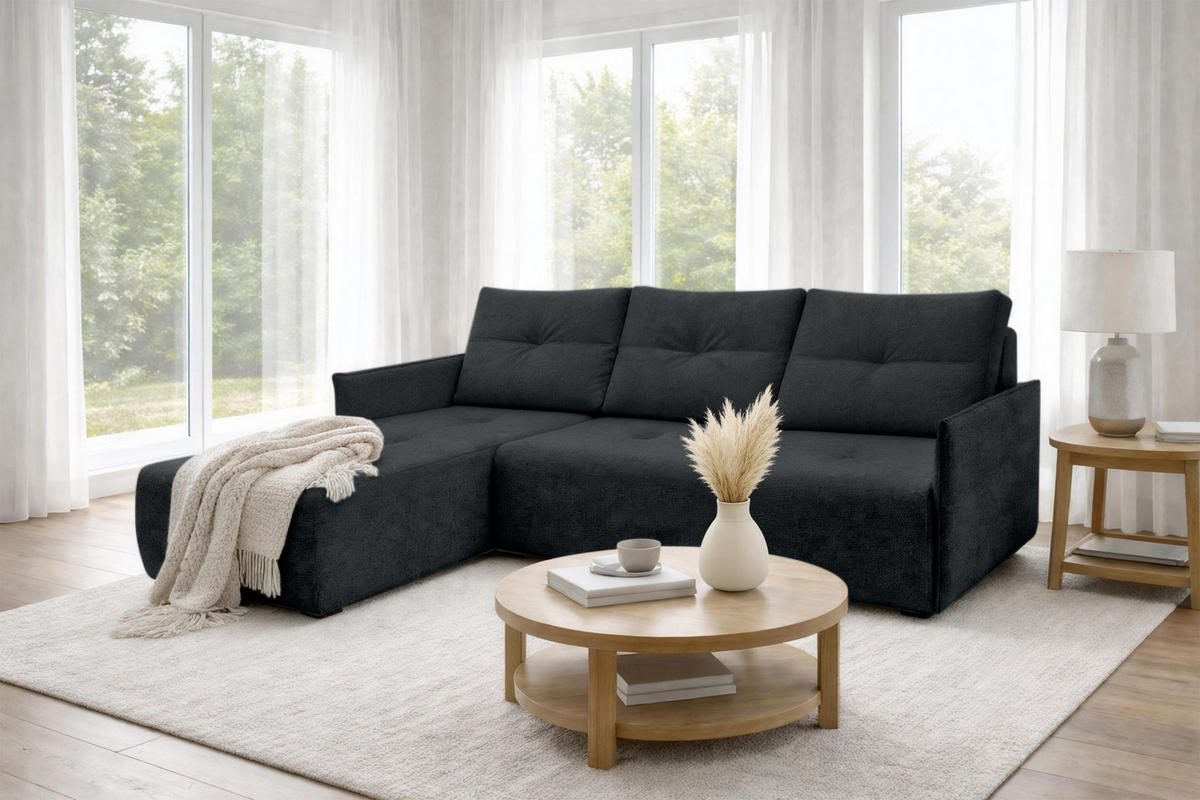 ECKSOFA L Form Damascus Schwarz 212/143/88 cm Links mit Schlaffunktion - Schwarz, Kunststoff/Textil (143/212cm) - AX Living