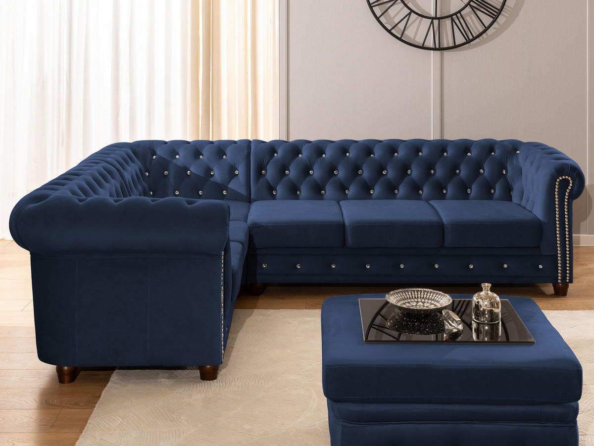 ECKSOFA mit Schlaffunktion Chesterfield Marineblau Samt mit Kristallsteppung und braunen Massivholzfüßen - Ottomane Links - Blau/Braun, Holz/Textil (264/210cm) - S-Style Möbel