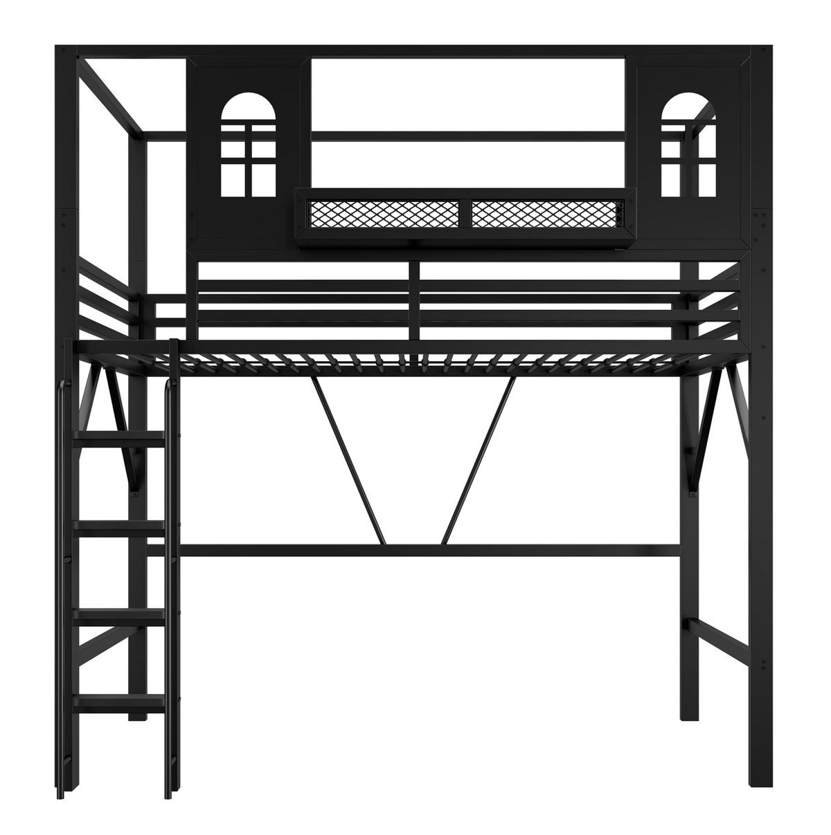 HOCHBETT aus Metall und MDF 90x200 cm Schwarz mit Dachdesign, Leiter und Ablagefach - Schwarz, Metall (90/200cm) - Modfu
