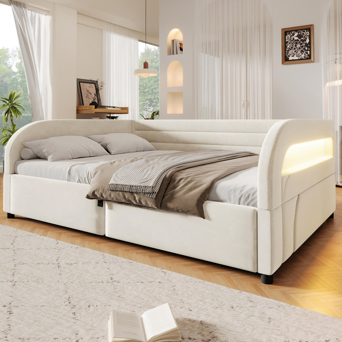BETT mit Stauraum und LED 140x200 cm Flanell White - Weiß, Metall (140/200cm) - Meubliv