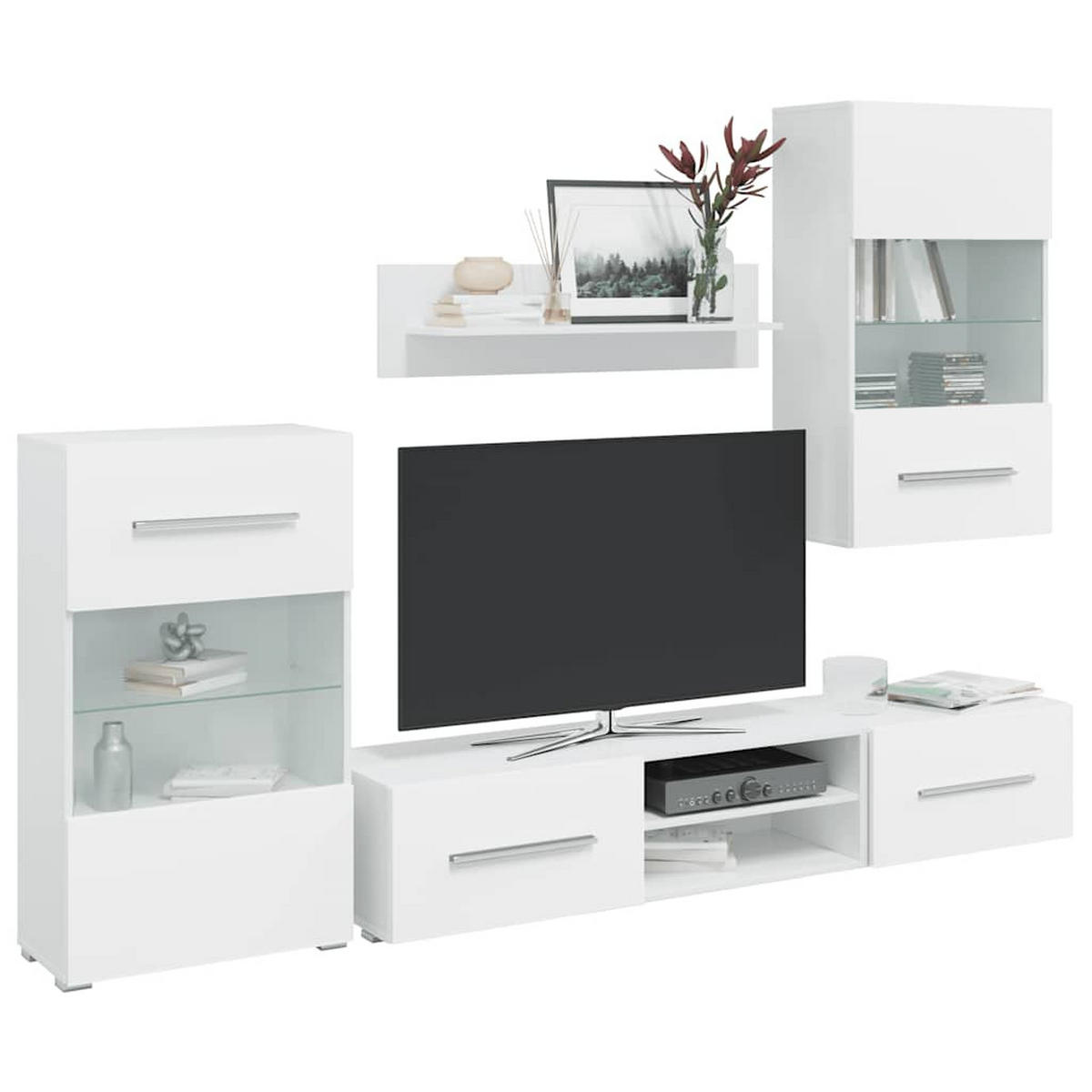 FÜNFTEILIGE WOHNWAND TV-SCHRANK MIT LED-BELEUCHTUNG WEISS - Schwarz/Weiß, Holz (30/35/140cm) - vidaXL