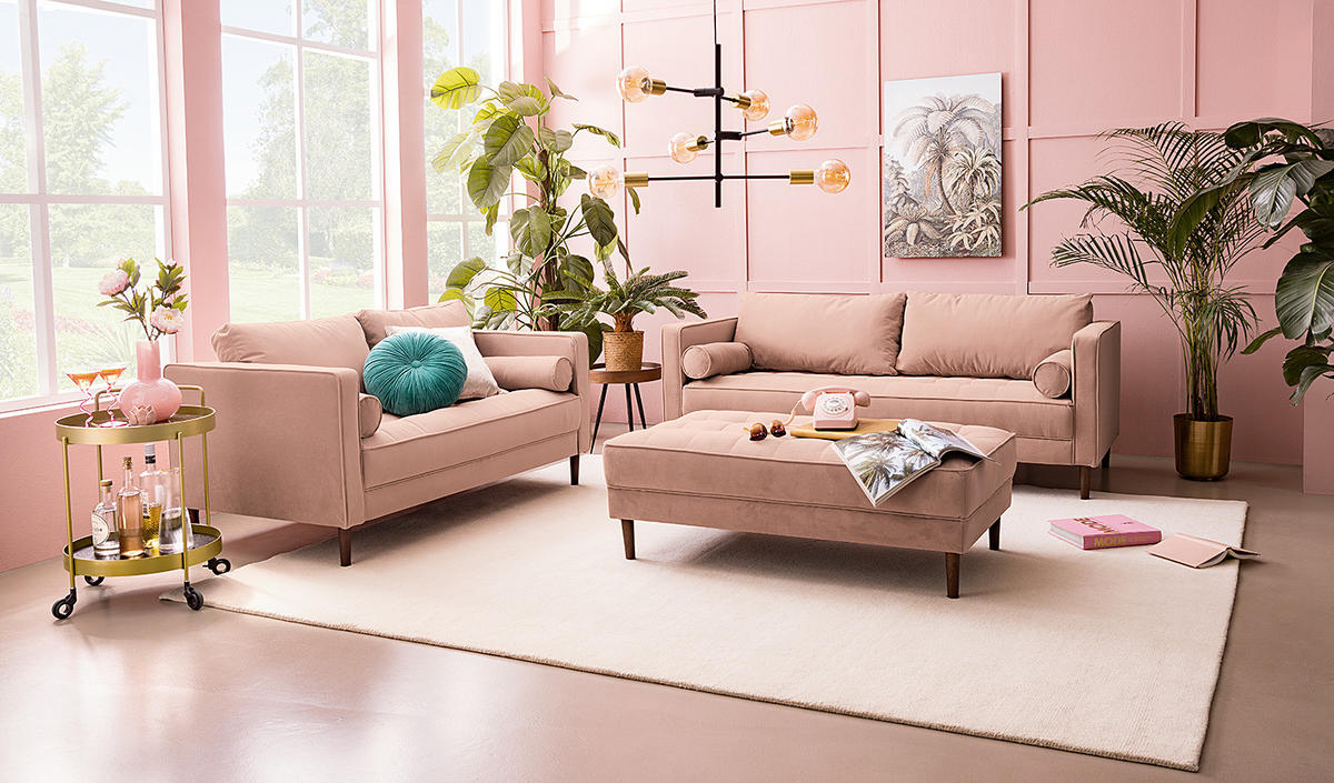 3-SITZER SOFA - Samt - Rosa, Textil (191/80/86cm) - home24
