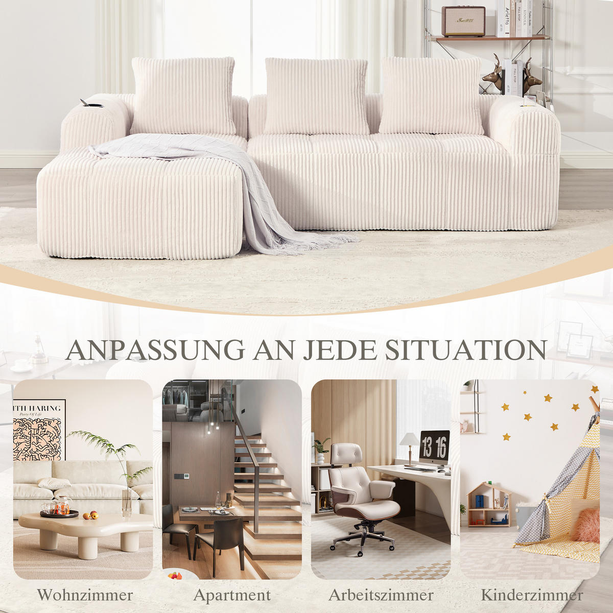 KOMPAKTSOFA Cord mit modularen Elementen und Becherhalter 253/158/61 cm Beige - Beige, Textil (158/253cm) - Redom