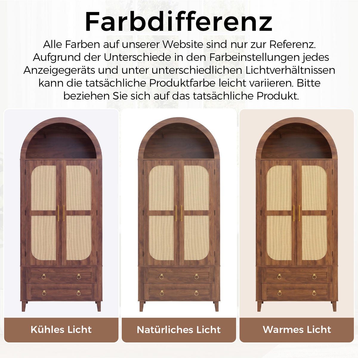 HOCHSCHRANK Nussbaum Bogen-Design mit Rattan-Türen, APP-LED & 2 Schubladen - Walnussfarben, Holzwerkstoff (76/179.5/40cm) - Urban Meuble